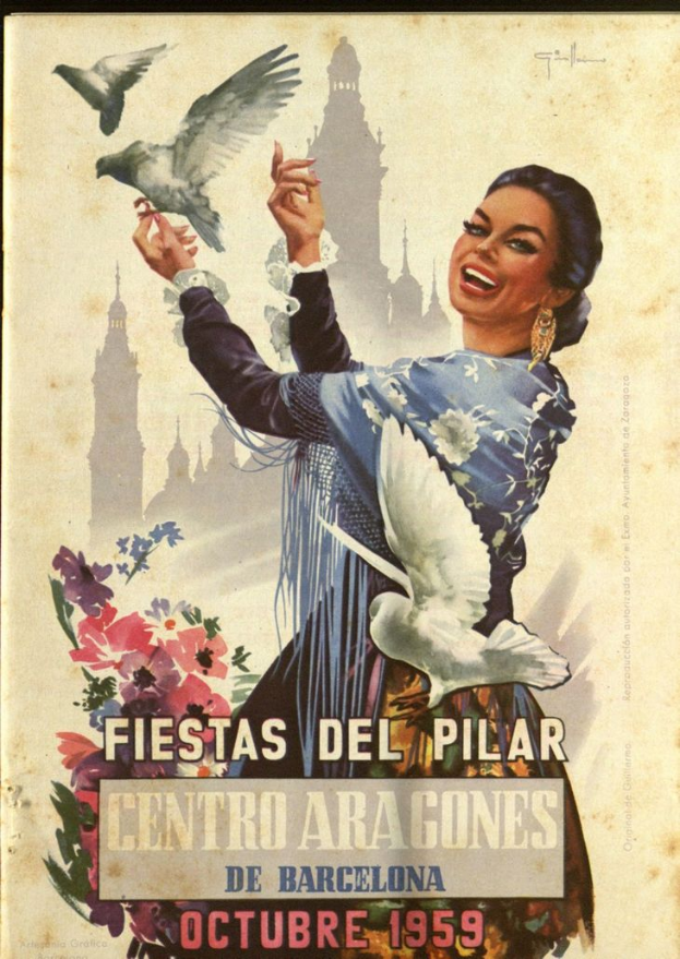 Ein Plakat, das ein Festival in Barcelona, Spanien, ankündigt, das eine Frau mit einem menschlichen Gesicht zeigt, umgeben von Vögeln und Blumen, mit Gebäuden im Hintergrund und Text.