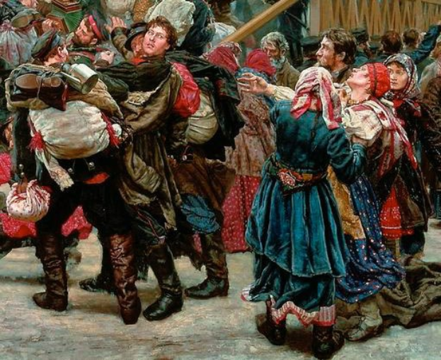 Gemälde, das eine lebhafte Szene von Menschen in traditioneller russischer Kleidung während der russischen Revolution zeigt, die einige Gegenstände in den Händen halten, vor einer Menge und einem Holzhaus im Hintergrund.