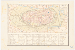 Ein detaillierter alter Stadtplan von Wien, Deutschland, der Straßen, Gebäude, Sehenswürdigkeiten und Text enthält, der Informationen über die Bevölkerung, Sehenswürdigkeiten und Straßen der Stadt bereitstellt.