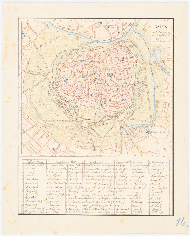 Ein detaillierter alter Stadtplan von Wien, Deutschland, der Straßen, Gebäude, Sehenswürdigkeiten und Text enthält, der Informationen über die Bevölkerung, Sehenswürdigkeiten und Straßen der Stadt bereitstellt.