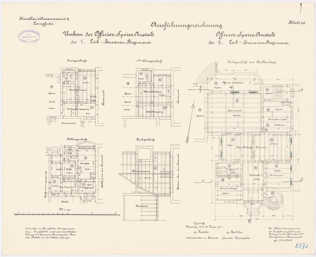 Schwarzes und weißes architektonisches Grundrissbild des ehemaligen Bundeskanzleramts, das detaillierte Layout mit Text und Zeichnungen zeigt.