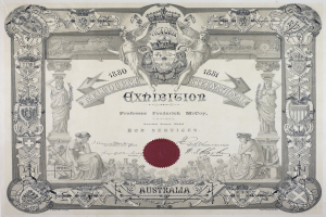 Altes Zertifikat mit rotem Wachssiegel, verziert mit Text und Bildern.