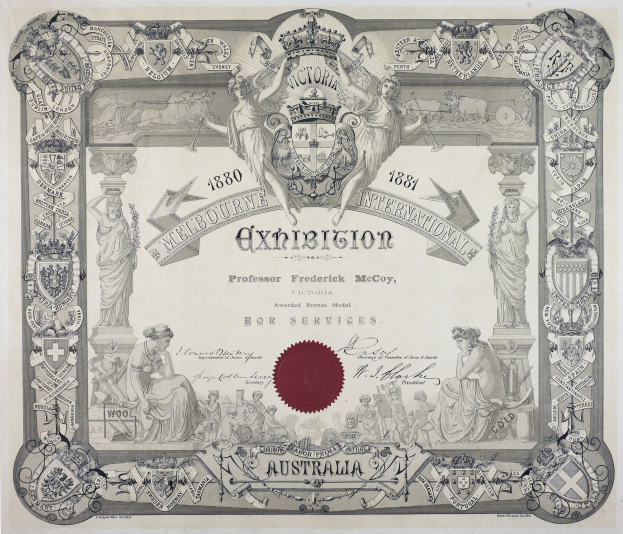 Altes Zertifikat mit rotem Wachssiegel, verziert mit Text und Bildern.