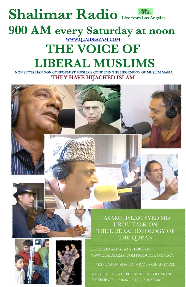 Plakat für das 'Stimme der liberalen Muslime'-Radioprogramm, das Bilder von Menschen mit Headsets und Mikrofonen zeigt.