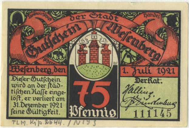 Alte deutsche Banknote mit einer Gebäudeillustration, darunter der Text "Bundesliga" und ein Logo auf einem weißen Hintergrund.