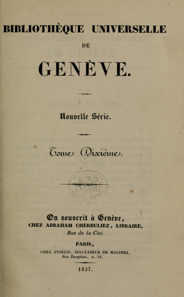 Altes Buch mit dem Titel "Bibliothèque Universelle de Geneve" offen, um Text im Inneren zu zeigen.