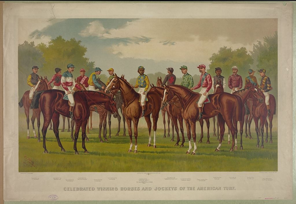 Gruppe von Menschen, die Pferde auf einer grünen Wiese mit Bäumen und einem blauen Himmel reitet, Text unten lautet "Feiernder Siegerpferde und Jockeys der amerikanischen Wiese".