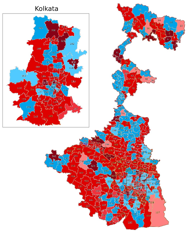 Eine farbcodierte Karte von Kolkata, Indien, die die Bevölkerungsverteilung in Prozent zeigt, mit der Überschrift "Kolkata Wahl-Ergebnisse" oben.