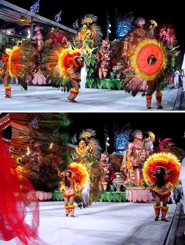 Ein Collage mit Menschen, die auftreten, eine Statue und ein Gebäude.