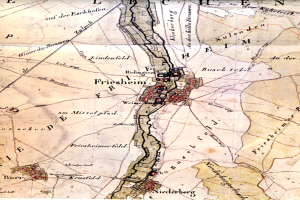 Ein detailliertes altes Stadtplan von Freisheim, Deutschland, das Straßen, Gebäude, Sehenswürdigkeiten, Straßen, Flüsse und Berge mit Text in einer klassischen Schriftart zeigt.