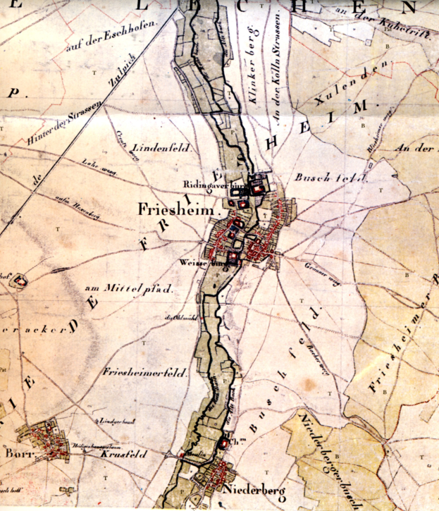 Ein detailliertes altes Stadtplan von Freisheim, Deutschland, das Straßen, Gebäude, Sehenswürdigkeiten, Straßen, Flüsse und Berge mit Text in einer klassischen Schriftart zeigt.