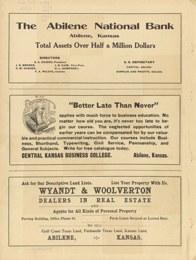 Schwarze und weiße Zeitungsanzeige für die Abilene National Bank mit einer Person in der Mitte und Text, der die Bankdienste beschreibt.