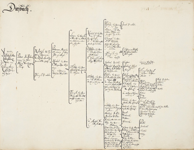 Offenes Buch mit handgeschriebenem genealogischem Familienbaum-Diagramm, das die Abstammung einer deutschen Familie detailliert
