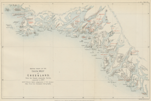 Eine detaillierte Karte des südwestlichen Grönlands auf Papier, die geografische Merkmale wie Flüsse, Berge und Städte zeigt, mit begleitendem Text, der zusätzliche Informationen zur Geografie der Region liefert.