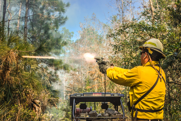 Eine Person steht mit einem Gewehr sch√∂ssend da, im Hintergrund ein Fahrzeug mit Taschen, B√§umen, Pflanzen und Himmel.