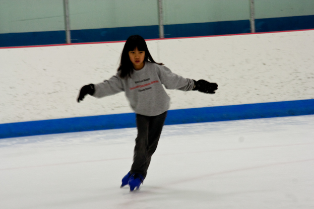 Eine Person in Kleidung läuft auf dem Eis mit Polen am oberen Bildrand.