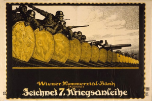 Deutsches Propagandaplakat aus dem Zweiten Weltkrieg, das Soldaten in Helmen mit Waffen zeigt und unten 'Wiener Kommerzialbank' trägt.