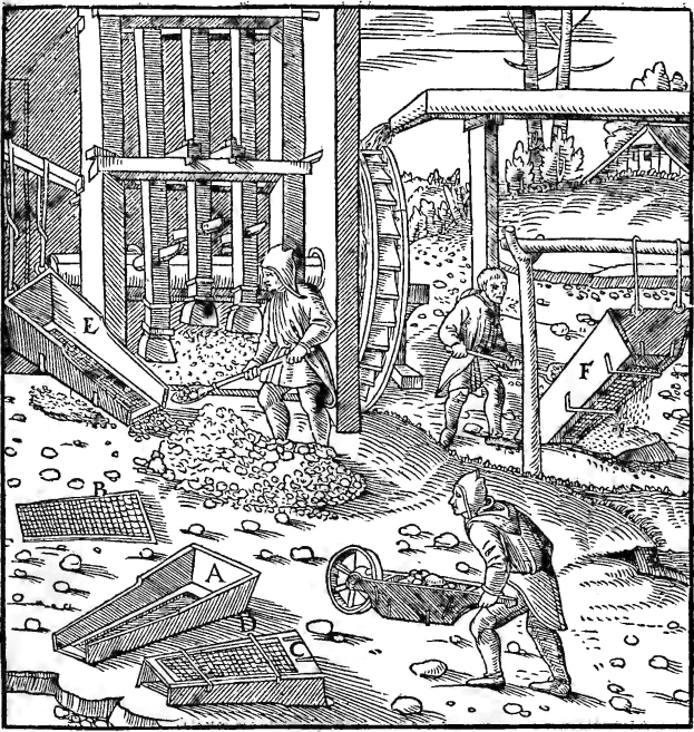 Schwarze und weiße Gravur eines 16. Jahrhundert-Gärtners in langem Mantel und Hut, der eine Schaufel und einen Karren hält, umgeben von Werkzeugen wie einer Harke und einem Eimer, mit Bäumen und einem Rad im Hintergrund.