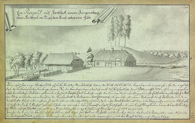 Ein vergilbtes Dokument mit der Überschrift "Surgensburg, Deutschland - Landschaft eines Hofes", das einen Hof inmitten eines Feldes zeigt, umgeben von Häusern, Bäumen und einem Himmel.