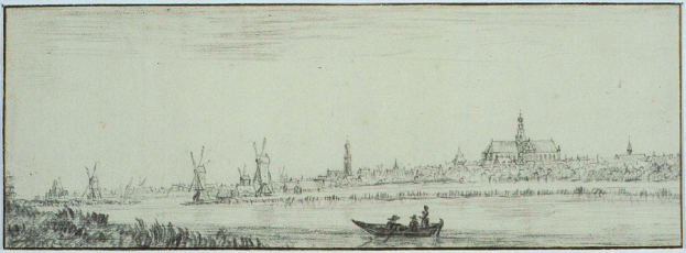 Eine Zeichnung eines Bootes mit Menschen im Wasser in der Nähe einer Stadt, mit Gebäuden im Hintergrund und Text unten, der 'Johannes Vermeer - Den Haag' lautet.