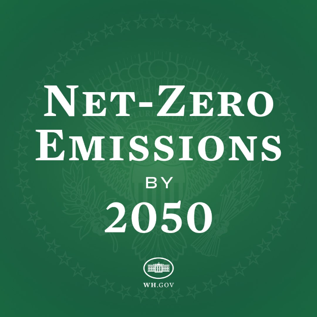 Grüner Hintergrund mit fetter weißer Schrift, die "netto-null-Emissionen bis 2050" lautet.