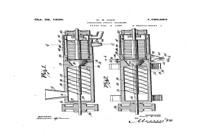 Zeichnung einer Maschine mit dem Text "US Patent 1,780,077" und "Patent für eine hydraulische Pumpe" auf einem weißen Hintergrund.