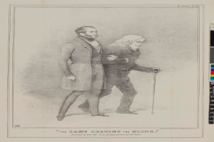 Zwei Männer stehen nebeneinander auf einem Blatt Papier mit Text und Farbskalen, einer Mann hält einen Stock, mit dem Text "Der Weg, der Blinden führt" auf dem Papier geschrieben.