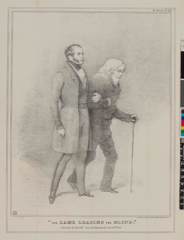 Zwei Männer stehen nebeneinander auf einem Blatt Papier mit Text und Farbskalen, einer Mann hält einen Stock, mit dem Text "Der Weg, der Blinden führt" auf dem Papier geschrieben.