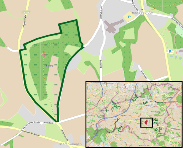 Ein detaillierter Stadtplan mit einem grünen Bereich in der Mitte, der wahrscheinlich den Standort einer geplanten Entwicklung anzeigt, umgeben von Straßen, Gebäuden und Sehenswürdigkeiten.