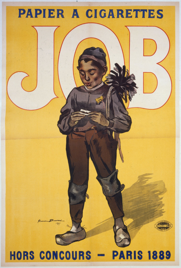 Ein Plakat mit einem jungen Jungen, der eine Zigarette hölt, mit Text, der likely einen Job bewirbt, und dem Jungen, der einen entschlossenen Ausdruck zeigt.