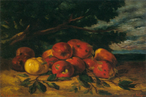Ein Bild namens "Still Life with Apples and Pears" von St. Pelagre, das ein Stillleben von Äpfeln und Birnen auf einem Tisch mit einem Baum und einem bewölkten Himmel im Hintergrund zeigt.