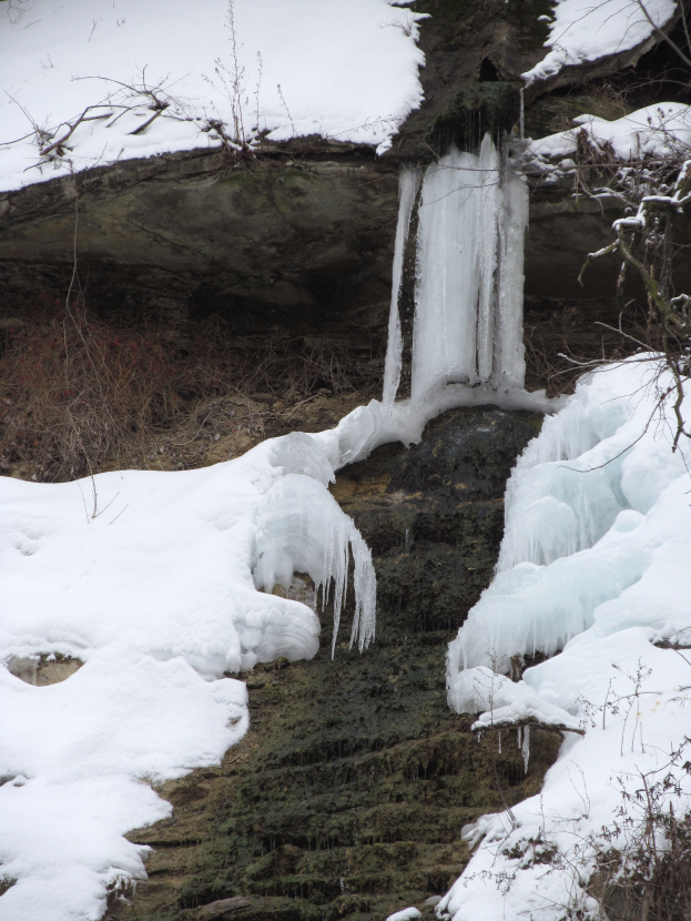 Ein kleiner Wasserfall ergießt sich über eine schneebedeckte, felsige Klippe in einem bewaldeten Gebiet, mit Eiszapfen an den Felsen hängend und schneebedeckte Bäume die Szene umgebend.