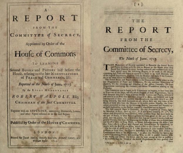 Ein offenes Buch mit dem Titel "Der Bericht des Geheimausschusses, ernannt durch Beschluss des Hauses der Abgeordneten" auf dem Cover.