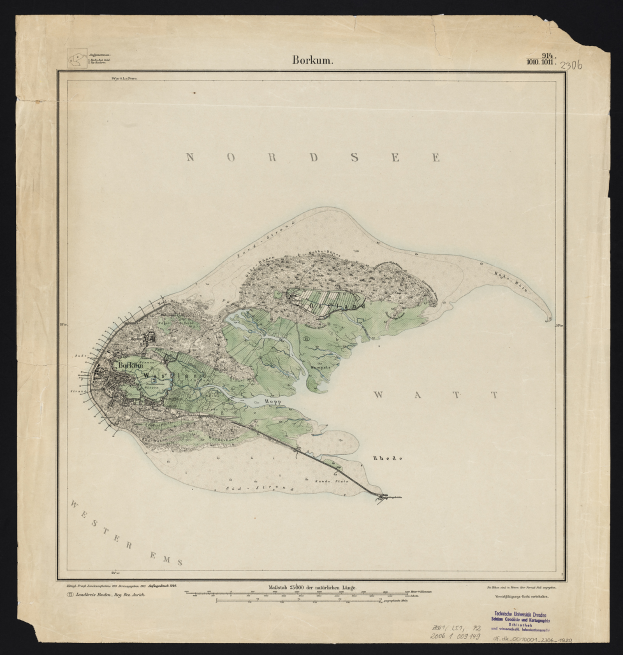Eine alte Karte der Nordsee-Insel mit schwarzem Hintergrund, die detaillierte geographische Merkmale wie Küste, Inseln und Text zeigt, der Informationen über die Inselgröße, -form und -lage bereitstellt.