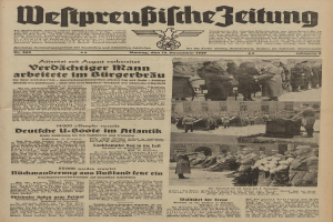 Schwarze-weißer Titelseite einer deutschen Zeitung vom 13. November 1939, betitelt 'Weitpreubliche Zeitung', zeigt eine Gruppe von Menschen in traditioneller deutscher Kleidung in einer feierlichen Umgebung.