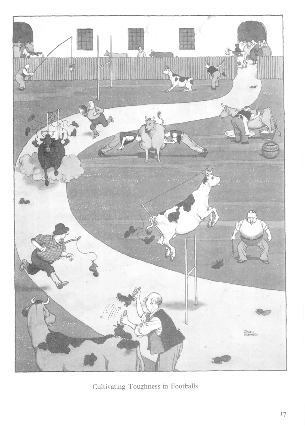 Schwarze und weiße Zeichnung von Menschen und Tieren auf einem Feld mit einer Wand und Fenstern im Hintergrund, mit der Beschriftung "Zähigkeit im Fußball kultivieren" unten.