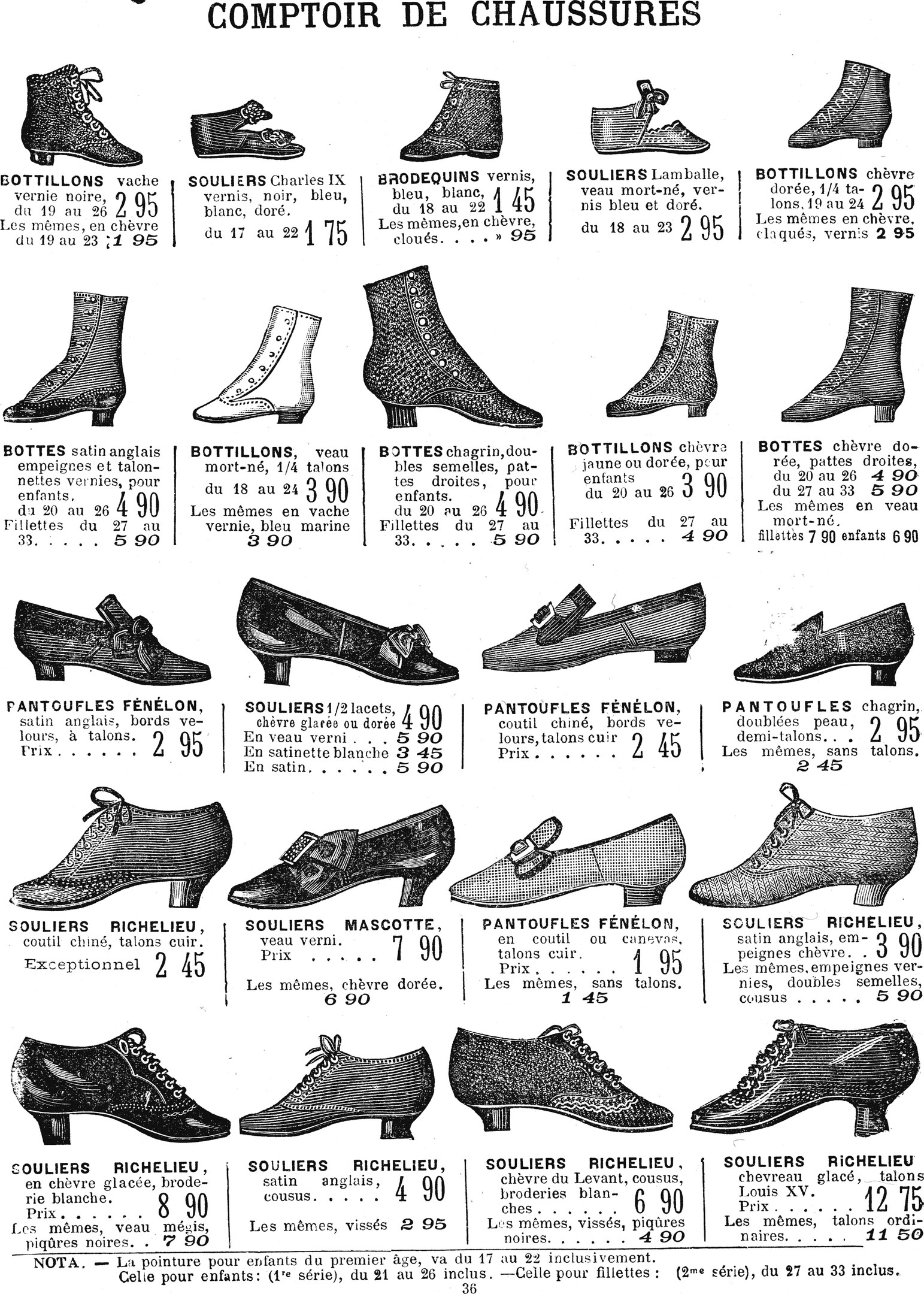 Eine Buchseite, die verschiedene Frauen-Schuhe mit einzigartigen Designs, Preisschildern und Informationen zur Größe, Form und Farbe zeigt, ordentlich angeordnet.