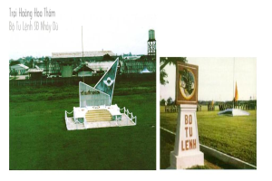 Ein Collage-Bild mit einem Denkmal auf der linken Seite, umgeben von einer Kettenumzäunung, Gebäuden und Bäumen, und einem Gedenkstein auf der rechten Seite, mit einer Person, die eine Fahne schwenkt, und anderen, die vor Bäumen stehen.