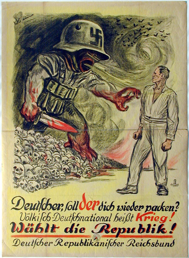 Ein Nazi-Propagandaplakat mit einem Mann in einem Helm und einer Frau in einem weißen Kleid vor einem Haufen Schädeln, mit wahrscheinlich Nazi-Propaganda-bezogenem Text.