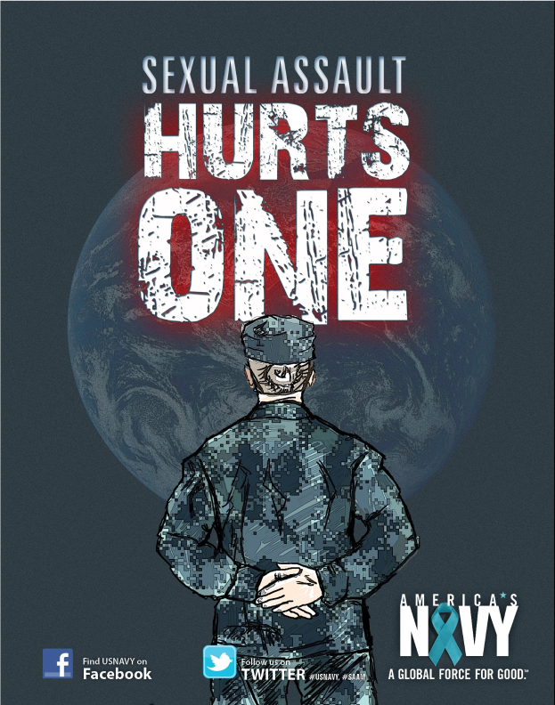 Ein Plakat mit einer Person in militärischer Uniform mit entschlossener Miene, umgeben von Logos und fetter schwarzer Schrift, die "Sexual Assault Hurts One" lautet.