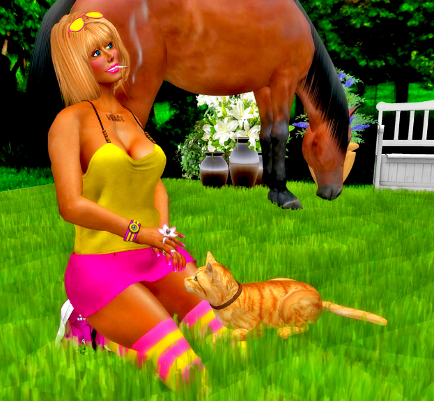 Eine animierte Abbildung einer Frau, die auf einer Bank sitzt, mit einer Katze und einem Pferd, umgeben von Pflanzen und Blumen, mit B√§umen im Hintergrund.