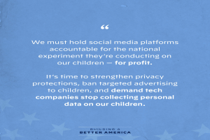 Ein Plakat mit einem Zitat aus 'Building a Better America', das besagt: 'Wir müssen die sozialen Medien für das nationale Experiment, das sie an unseren Kindern durchführen - zum Profit - zur Rechenschaft ziehen.', geschmückt mit Sternen.