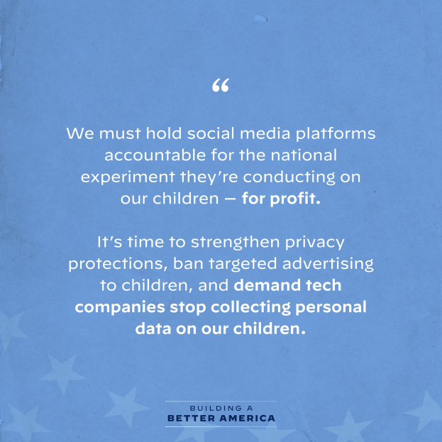 Ein Plakat mit einem Zitat aus 'Building a Better America', das besagt: 'Wir müssen die sozialen Medien für das nationale Experiment, das sie an unseren Kindern durchführen - zum Profit - zur Rechenschaft ziehen.', geschmückt mit Sternen.
