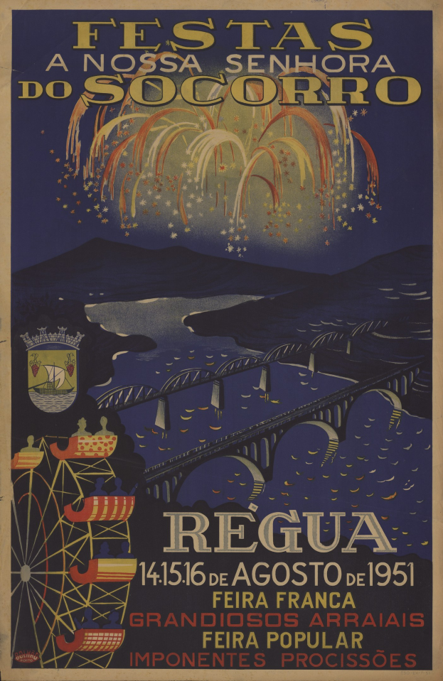 Plakat für ein brasilianisches Festival mit einer Brücke, Wasser, Höhen, Feuerwerk und begleitendem Text.