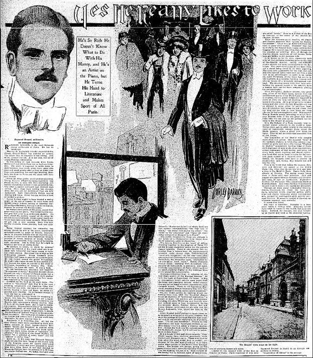 Schwarze und weiße Zeitungsseite der New York Daily News vom 1. Oktober 1894 mit einem Mann im Anzug und Krawatte umgeben von kleineren Bildern von Menschen, Gebäuden und Text.