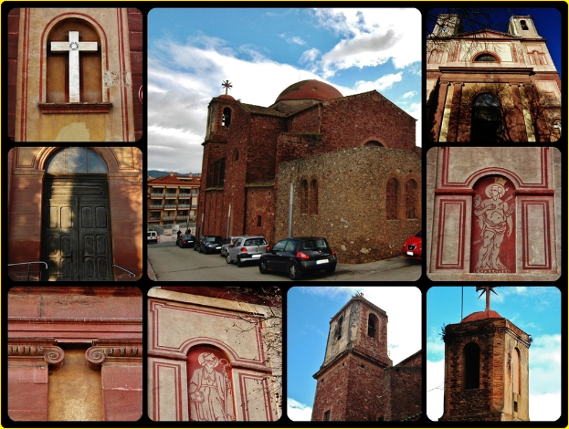 Ein Collage aus neun Bildern mit einem zentralen Gebäude mit parkenden Autos davor, einem Kreuzsymbol oben links, einem weiteren Gebäude oben rechts und Gebäuden unten.