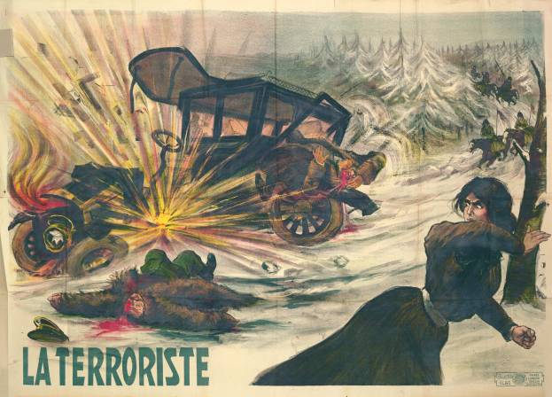 Ein Filmplakat für "La Terroriste" mit einer chaotischen Szene mit Menschen, Fahrzeugen, Bäumen und anderen Gegenständen, gefüllt mit leuchtenden Farben und fetter Schrift, die ein Gefühl von Dringlichkeit und Gefahr vermittelt.