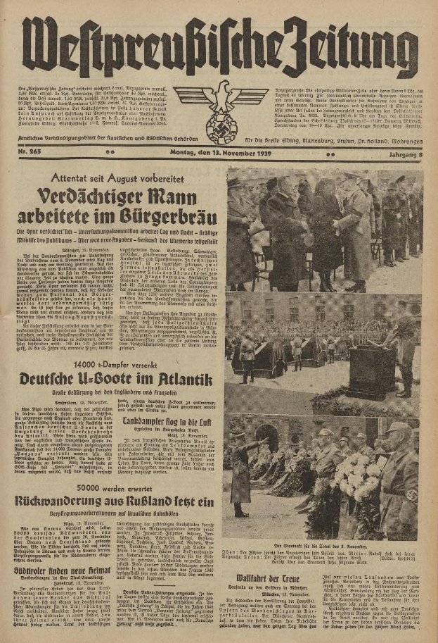 Schwarze und wei├če Titelseite einer deutschen Zeitung vom 13. November 1939 mit der ├ťberschrift "Weitpreubliche Zeitung" und einem Foto von Menschen in traditioneller deutscher Tracht in einer feierlichen Szenerie.