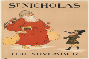 Ein Buchumschlag mit dem Titel "Sankt Nikolaus für November", der Santa Claus und ein Kind zeigt.
