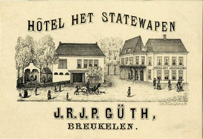 Alter Buchumschlag mit der Aufschrift "Hotel Het Statewapen", der ein Hotel mit umliegenden Gebäuden, Bäumen, Menschen und einem Wagen zeigt.